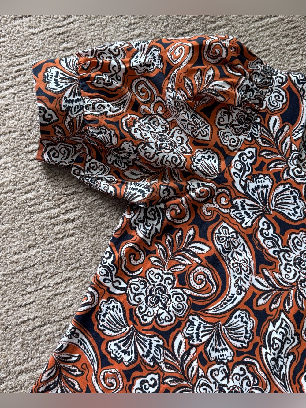 Chico's 3 paisley square neck puff sleeve blouse XL rust orange navy floral boho - Picture 2 of 9